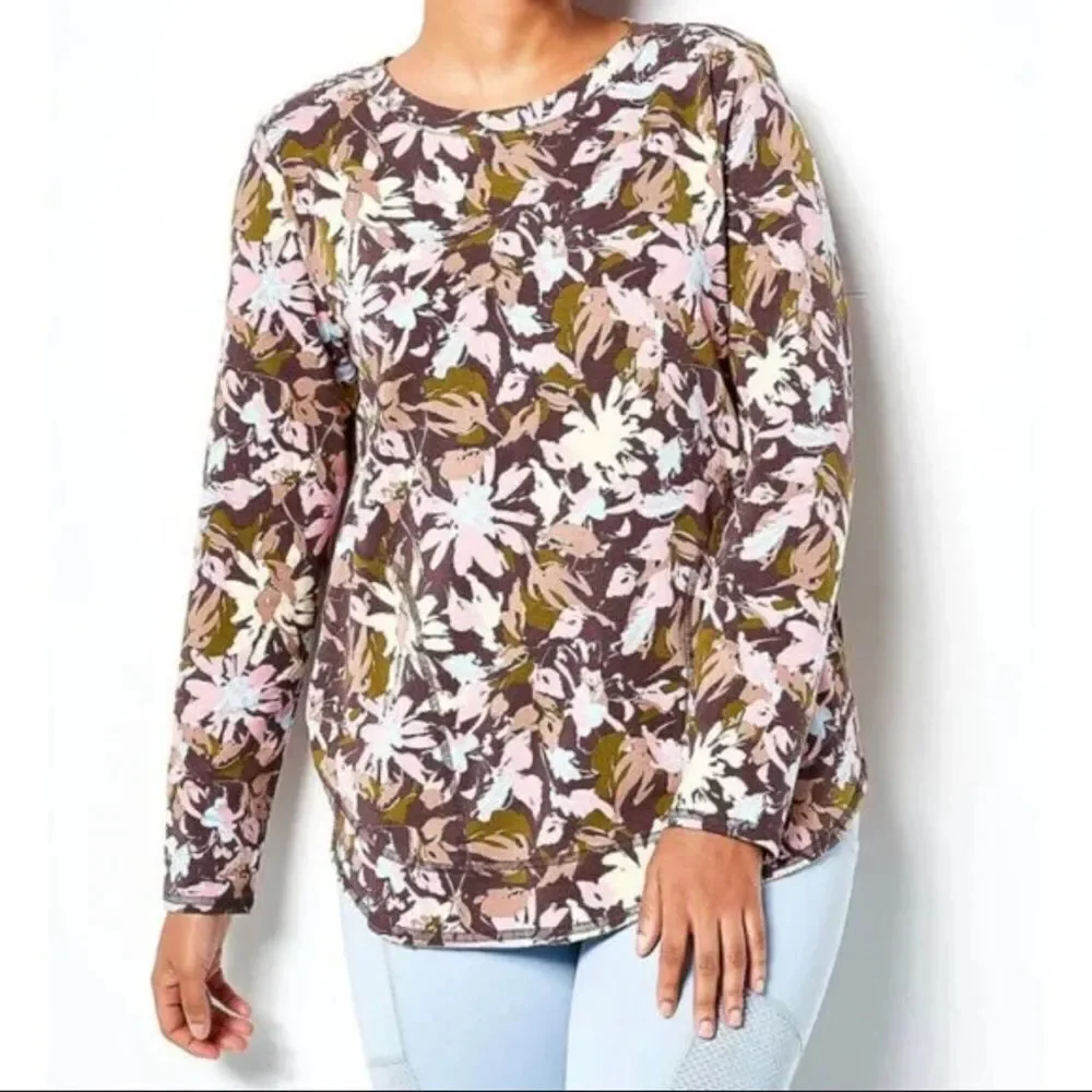 Zuda Z-Knit Floral Curved Hem Long Sleeve Pullover With Pockets Size S